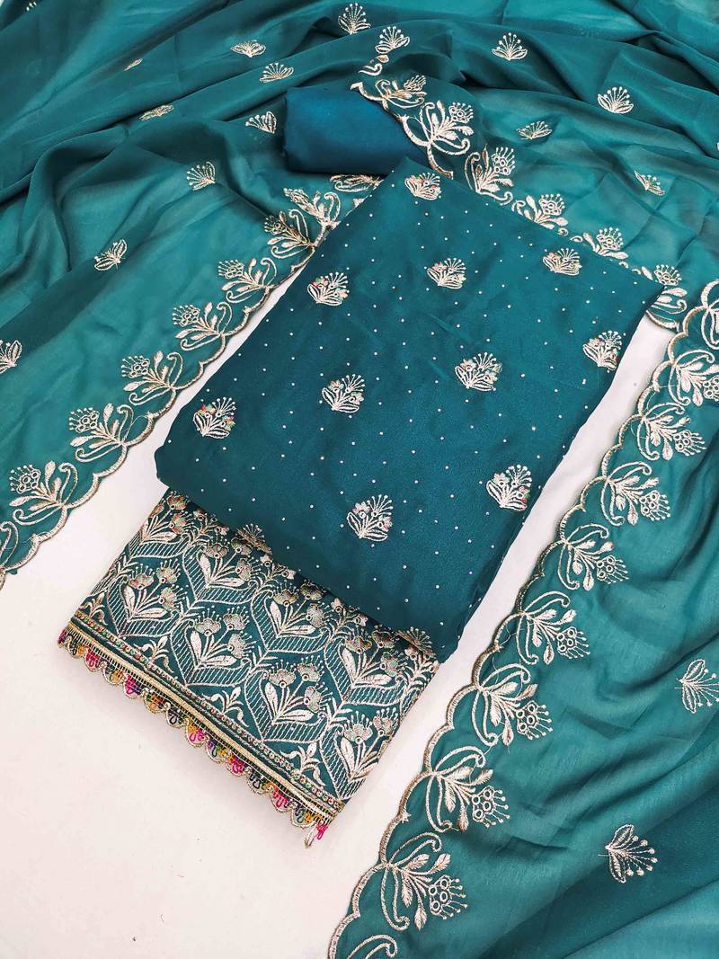 indigo georgette embroidered unstitched dressmaterials 3 pair top bottom dupptaa