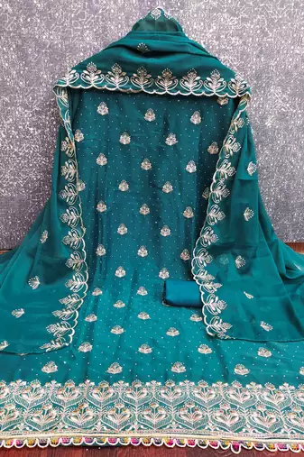 indigo georgette embroidered unstitched dressmaterials 3 pair top bottom dupptaa