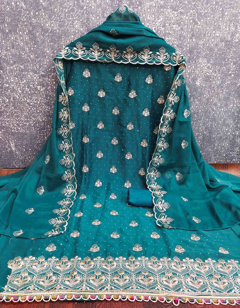 indigo georgette embroidered unstitched dressmaterials 3 pair top bottom dupptaa