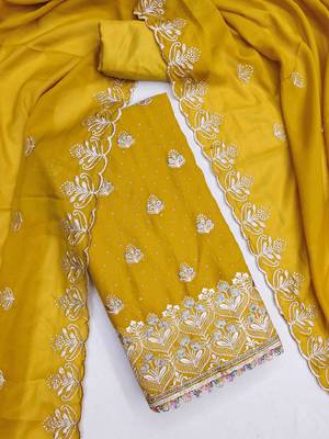 yellow georgette embroidered unstitched dressmaterials 3 pair top bottom dupptaa 1