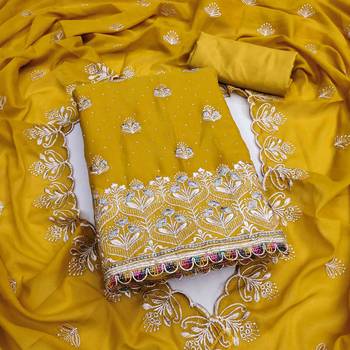 yellow georgette embroidered unstitched dressmaterials 3 pair top bottom dupptaa 2