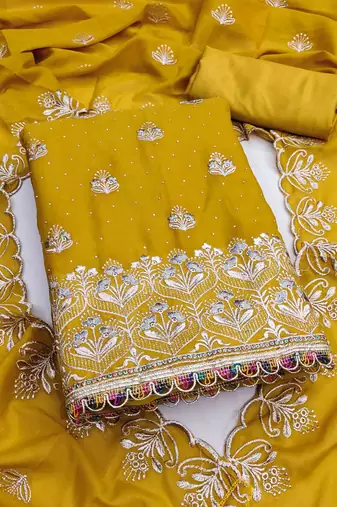 yellow georgette embroidered unstitched dressmaterials 3 pair top bottom dupptaa