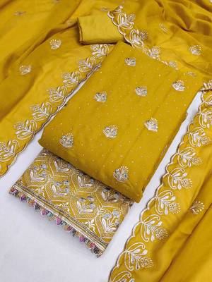 yellow georgette embroidered unstitched dressmaterials 3 pair top bottom dupptaa 3