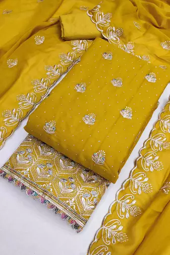 yellow georgette embroidered unstitched dressmaterials 3 pair top bottom dupptaa