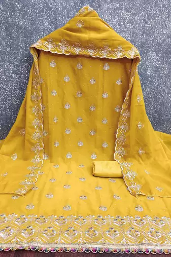 yellow georgette embroidered unstitched dressmaterials 3 pair top bottom dupptaa