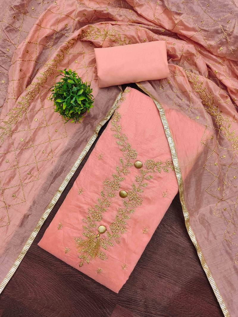 orange chanderi embroidered unstitched dressmaterials 3 pair top bottom dupptaa