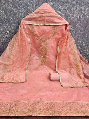 orange chanderi embroidered unstitched dressmaterials 3 pair top bottom dupptaa 3