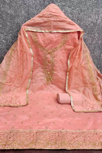 orange chanderi embroidered unstitched dressmaterials 3 pair top bottom dupptaa