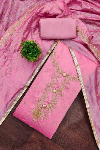 pink chanderi embroidered unstitched dressmaterials 3 pair top bottom dupptaa