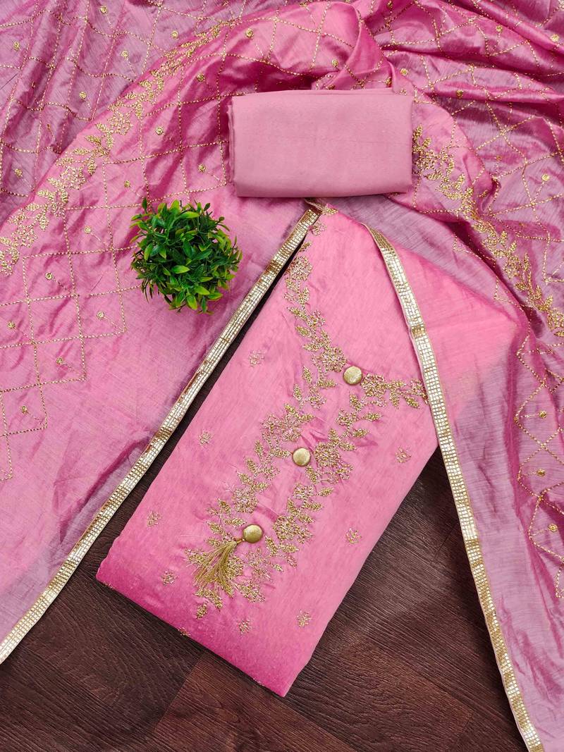 pink chanderi embroidered unstitched dressmaterials 3 pair top bottom dupptaa