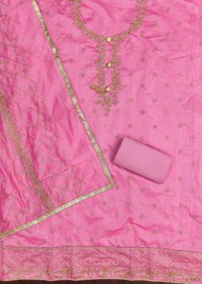 pink chanderi embroidered unstitched dressmaterials 3 pair top bottom dupptaa 2
