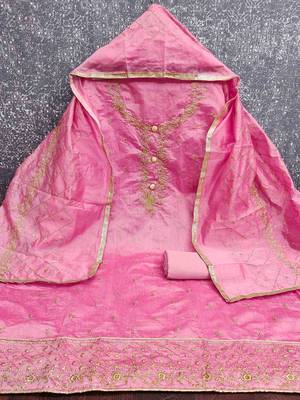 pink chanderi embroidered unstitched dressmaterials 3 pair top bottom dupptaa 3