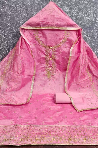 pink chanderi embroidered unstitched dressmaterials 3 pair top bottom dupptaa