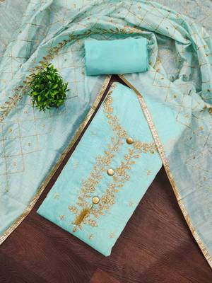 sky chanderi embroidered unstitched dressmaterials 3 pair top bottom dupptaa 1