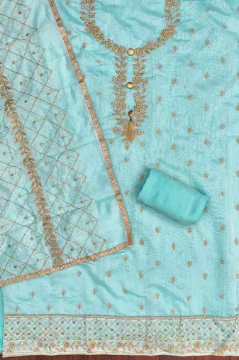 sky chanderi embroidered unstitched dressmaterials 3 pair top bottom dupptaa