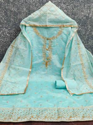 sky chanderi embroidered unstitched dressmaterials 3 pair top bottom dupptaa 3