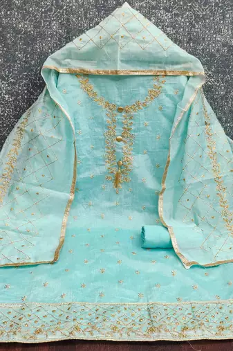 sky chanderi embroidered unstitched dressmaterials 3 pair top bottom dupptaa