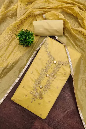 yellow chanderi embroidered unstitched dressmaterials 3 pair top bottom dupptaa