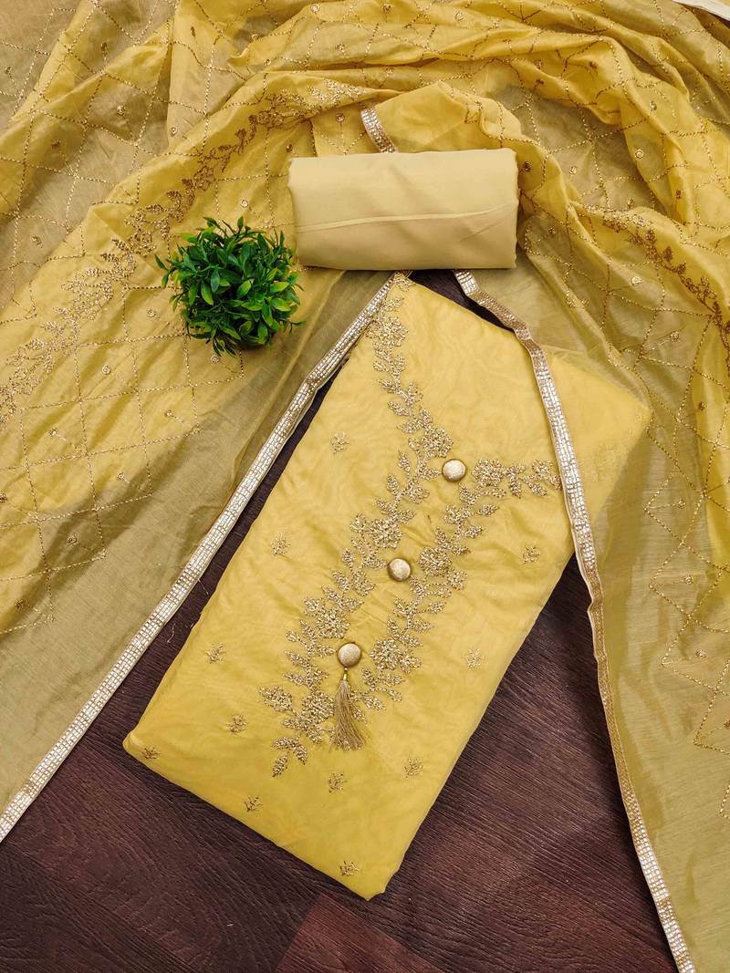 yellow chanderi embroidered unstitched dressmaterials 3 pair top bottom dupptaa