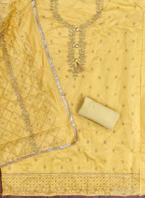 yellow chanderi embroidered unstitched dressmaterials 3 pair top bottom dupptaa 2