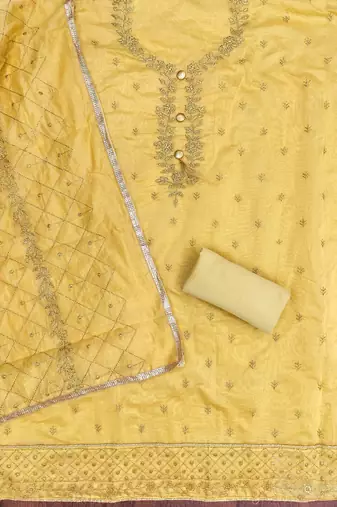 yellow chanderi embroidered unstitched dressmaterials 3 pair top bottom dupptaa