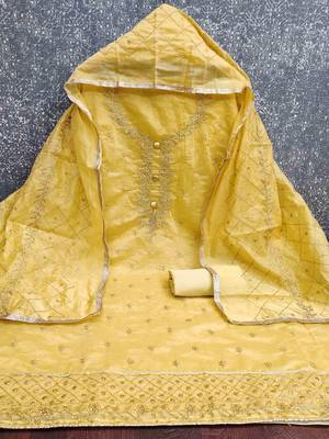 yellow chanderi embroidered unstitched dressmaterials 3 pair top bottom dupptaa 3