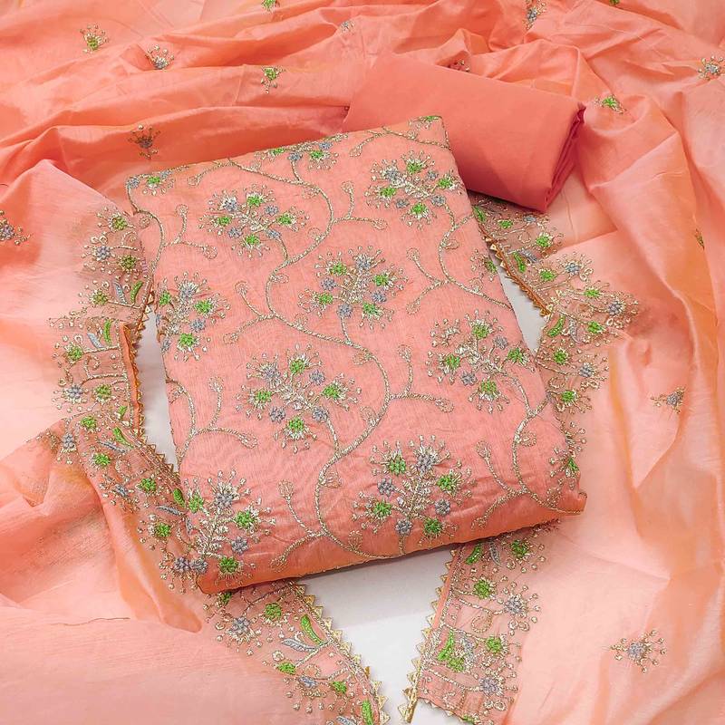 orange chanderi embroidered unstitched dressmaterials 3 pair top bottom dupptaa