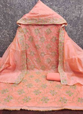 orange chanderi embroidered unstitched dressmaterials 3 pair top bottom dupptaa 2