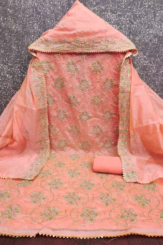 orange chanderi embroidered unstitched dressmaterials 3 pair top bottom dupptaa