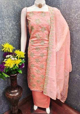 orange chanderi embroidered unstitched dressmaterials 3 pair top bottom dupptaa 3