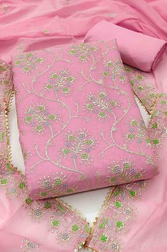 Pink chanderi  embroidered unstitched dressmaterials 3 pair top bottom dupptaa