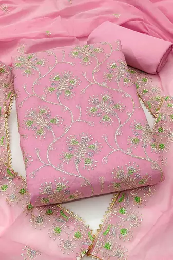 pink chanderi embroidered unstitched dressmaterials 3 pair top bottom dupptaa