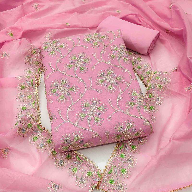 Pink chanderi  embroidered unstitched dressmaterials 3 pair top bottom dupptaa
