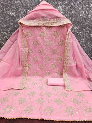 Pink chanderi  embroidered unstitched dressmaterials 3 pair top bottom dupptaa 2