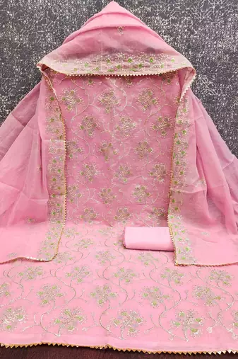 pink chanderi embroidered unstitched dressmaterials 3 pair top bottom dupptaa