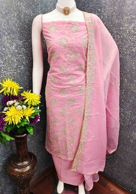 Pink chanderi  embroidered unstitched dressmaterials 3 pair top bottom dupptaa 3