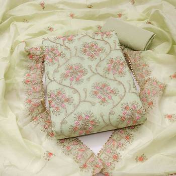 Sea green chanderi  embroidered unstitched dressmaterials 3 pair top bottom dupptaa 1
