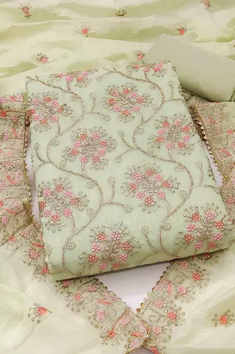 sea green chanderi embroidered unstitched dressmaterials 3 pair top bottom dupptaa