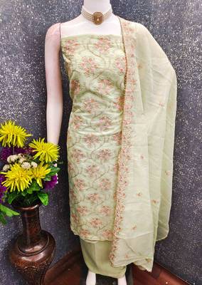Sea green chanderi  embroidered unstitched dressmaterials 3 pair top bottom dupptaa 3