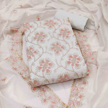 White chanderi  embroidered unstitched dressmaterials 3 pair top bottom dupptaa 1