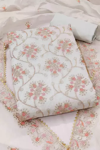 white chanderi embroidered unstitched dressmaterials 3 pair top bottom dupptaa