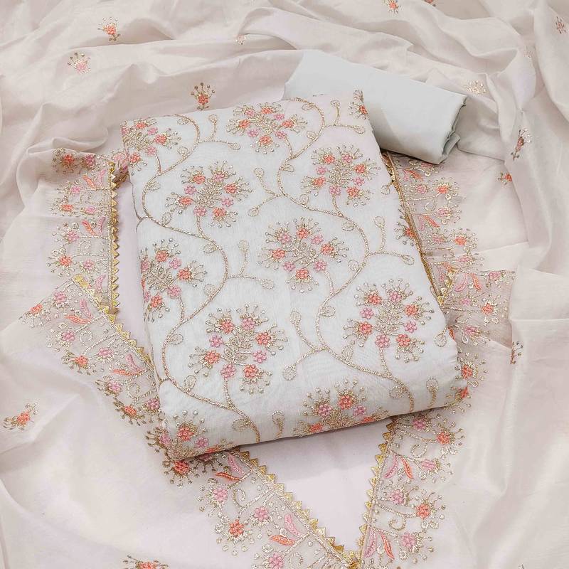White chanderi  embroidered unstitched dressmaterials 3 pair top bottom dupptaa