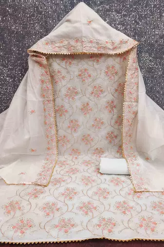 white chanderi embroidered unstitched dressmaterials 3 pair top bottom dupptaa