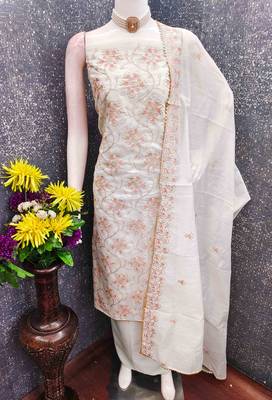 White chanderi  embroidered unstitched dressmaterials 3 pair top bottom dupptaa 3