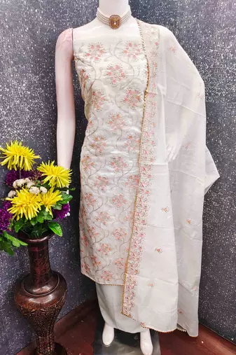 white chanderi embroidered unstitched dressmaterials 3 pair top bottom dupptaa