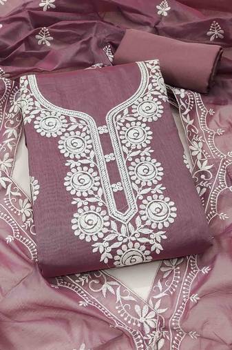 brown chanderi embroidered unstitched dressmaterials 3 pair top bottom dupptaa