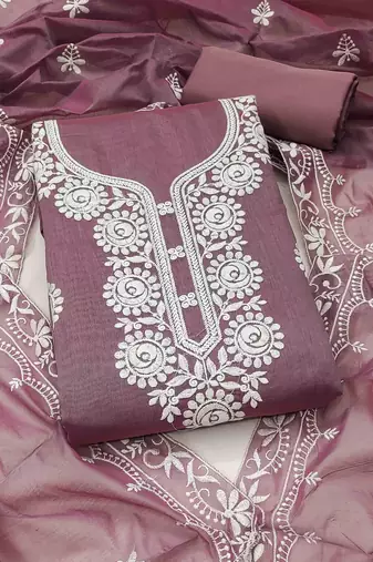 brown chanderi embroidered unstitched dressmaterials 3 pair top bottom dupptaa