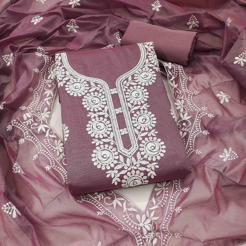 Brown chanderi  embroidered unstitched dressmaterials 3 pair top bottom dupptaa