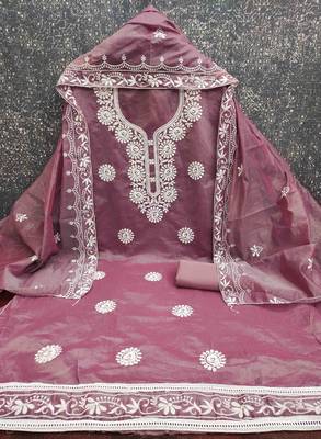 Brown chanderi  embroidered unstitched dressmaterials 3 pair top bottom dupptaa 2