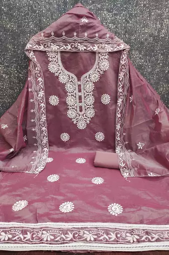 brown chanderi embroidered unstitched dressmaterials 3 pair top bottom dupptaa